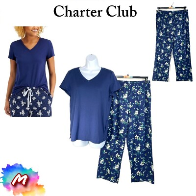 #ad NWT Charter Club M Cotton V Neck T Shirt amp; Blue Flora Pants 100116801MS Assorted $14.99