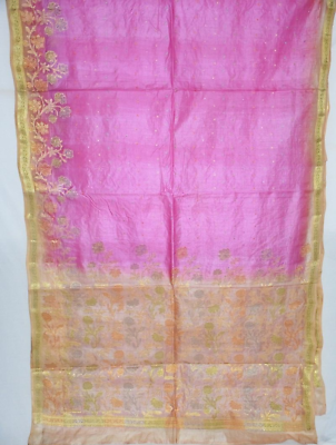 #ad Vintage Pink Golden Zari Embroidered Saree Pure Silk Pajali Woven Sari Fabric $32.39