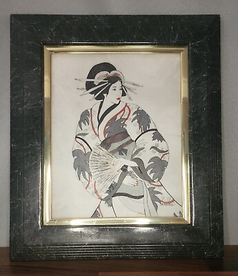 #ad Beautiful Japanese Geisha DR Mueller 8x10 hand painted Marble Etching Art Framed $69.97