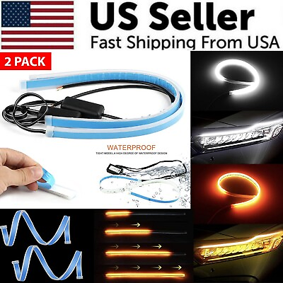 #ad 2 x 60CM Slim Amber Sequential Flexible LED DRL Turn Signal Strip For Headlight $10.39
