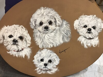 #ad Bichon Frise Puppies 4 Portraits Original Painting By Monique Oval Stretched $125.00