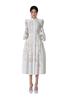 #ad Self Portrait Ladies Maxi Embroidered Collared Puff Sleeve Belted Shirt Dress $68.39