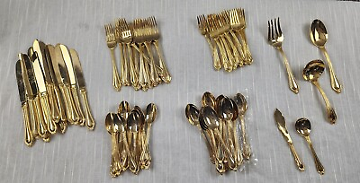 #ad Interational Silver Co Gold Toned Silverware Set Flatware Serving Utensils $124.99