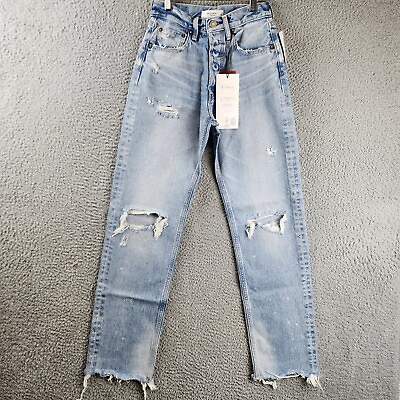 Moussy Vintage Odessa Distressed Wide Straight Leg Jeans Women#x27;s 24 Light Blue $170.16