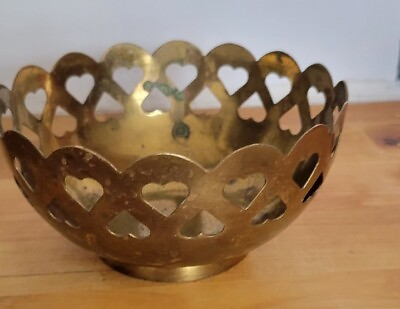 #ad Vintage Solid Brass Heart Bowl Made in India Patinated $7.88