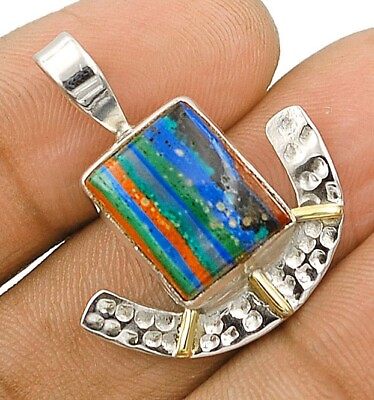#ad Two Tone Natural Rainbow Calsilica 925 Solid Sterling Silver Pendant ED33 1 $28.99