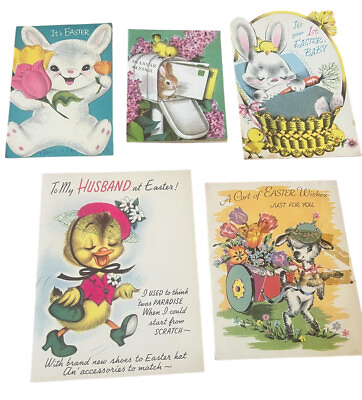 #ad Lot 5 1950s Easter Greeting Cards Diecut Flocked Embossed Chick Bunny Duck Lamb $17.99