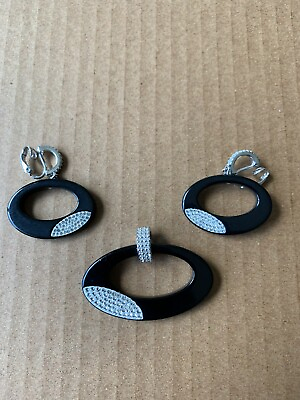 #ad Vintage Swarovski Necklace Pendant Earrings Swan Crystal Black Enamel Set $28.00