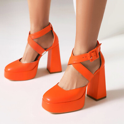 #ad Ladies Block High Heel Buckle Strap Platform Shoes Sandals Party Closed Toe Pump $45.51