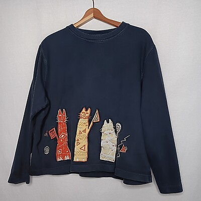 #ad Onque Casuals Cat Shirt Black Cropped Long Sleeve Knit Embroidered Vintage $21.24