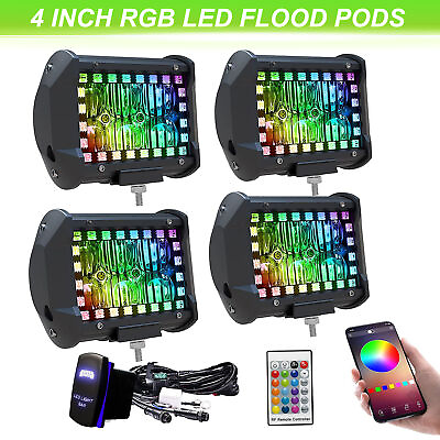 #ad 4INCH LED Pods Work Light Multi Color Chasing RGB Halo Strobe Offroad For SUV $82.99