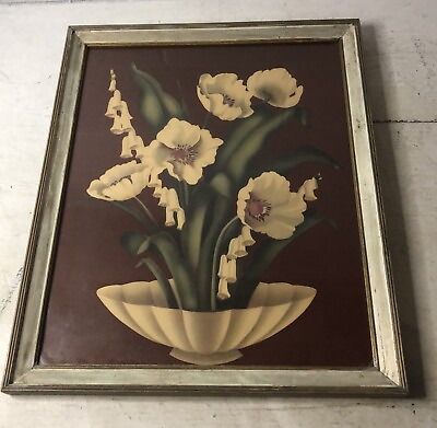 #ad Vintage De Jonge Signed Lithi Print White Flowers Floral Framed 17 1 2”x14 1 2” $22.45