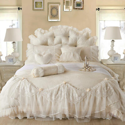 #ad Luxury Wedding Bedding Set Lace Cotton Full Queen King Size Bedskirt Duvet Cover $195.48
