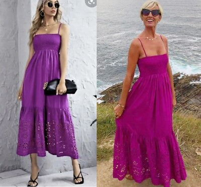 #ad ZARA Purple Cutwork Embroidered Broderie Long Maxi Summer Dress size M 10 12 14 GBP 44.99