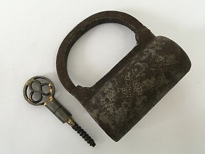 #ad Early Antique Iron Padlock With Key Heavy Strong Screw Type Collectible Handwork $118.13