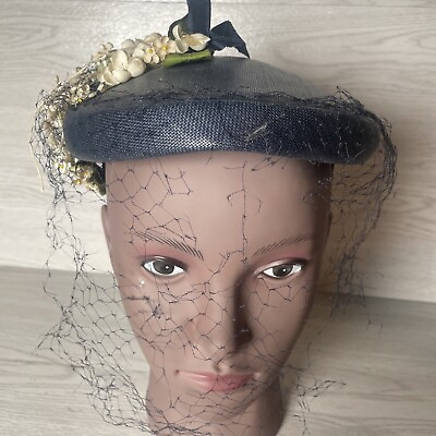 #ad Womens Netted Navy Blue Fascinator Hat Vintage Flowers $45.99