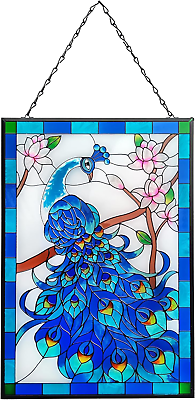 #ad Peacock Stained Glass Window Hangings Hand Painted Glass Suncatcher Panel $65.80