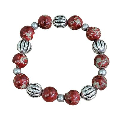 #ad Red Silver Green Bracelet Beaded Handmade Stretch Boho Bohemian Festival Jewelry $3.99