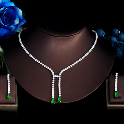 #ad Women Silver Plated Green Water Drop Cubic Zircon Long Drop Wedding Jewelry Set $9.84