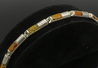 #ad POLAND 925 Sterling Silver Vintage Amber Bar Link Chain Bracelet BT9092 $99.95