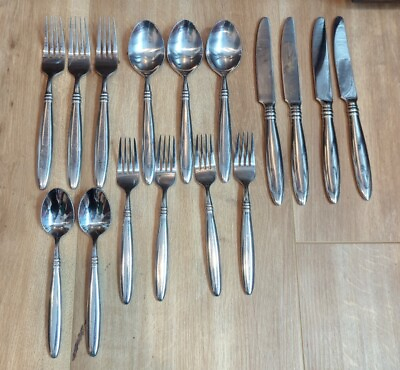 #ad 16 Pieces Hampton Silversmiths Stainless Steel Flatware Three Ring Glossy Heavy $21.99