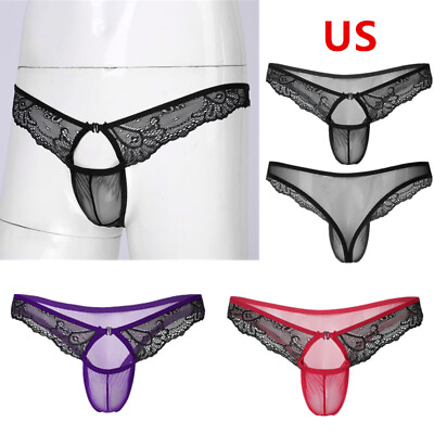 #ad Men#x27;s Lace Sissy Panties Mesh Sheer Underwear Sexy Low Rise Briefs Gay Lingerie $8.09