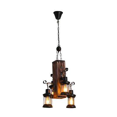 #ad 4 Light Retro Wood Chandelier Iron Ceiling Lamp Industrial Rustic Pendant Light $80.04
