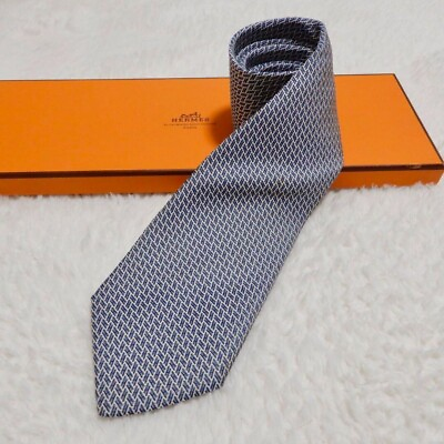 #ad Hermes Tie for Men Used H Logo Faccone Pattern Blue White Silk No Box Used VG $49.30