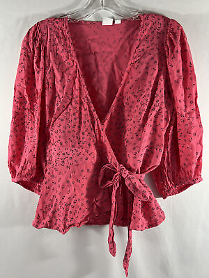#ad GAP Women#x27;s Size S Wrap Front Side Tie Rayon Blouse Coral Pink Black Low V Top $15.84
