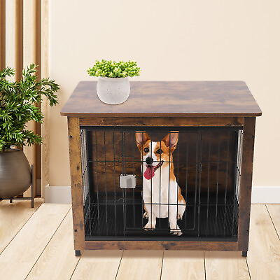 #ad 31.5quot;Wooden Dog Crate XL Large Furniture Kennel Metal Heavy Duty Pet Cage w Tray $114.00