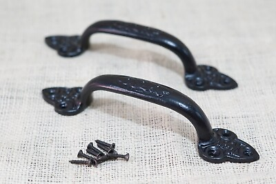 #ad 2 Large Cast Iron Antique Style Door Handles Gate Pull Shed Drawer Pulls Black $17.99