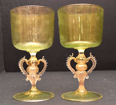 #ad Pair of Venetian Murano Italy Salviati Gold Fleck Wine Art Glass Goblet 6.5quot; $266.61