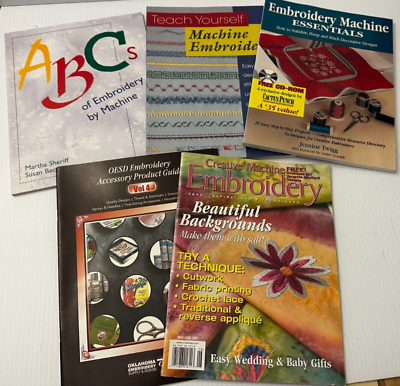 #ad Lot 5 Embroidery Machine Design BOOKS MAGAZINES SOME W CD TEACH ABC ESSENTIALS $19.99