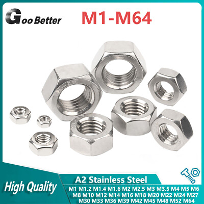 #ad M1 M64 Hex Full Nuts DIN 934 Metric Coarse Pitch Hexagon Nut A2 Stainless Steel $10.41