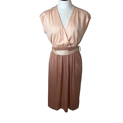 #ad Leslie Fay Original Dress Womens Size Medium Vintage Peach Tan A Line Faux Wrap $93.79