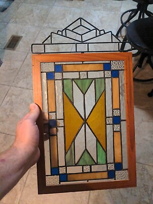 #ad vintage stained glass panel handmade framed geometric design 14quot;x10.25quot; leaded $80.00