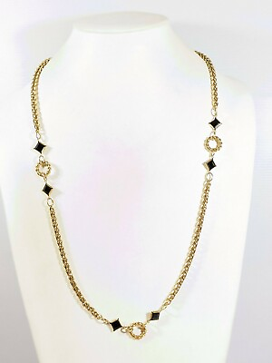#ad Princess House Gold Tone Black Crystal Square Bezel Chain Necklace 28quot; Vtg 90#x27;s $41.99