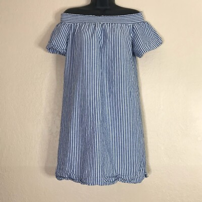 J. Crew Dress Size 6 Off The Shoulder Blue and White Stripe Cotton Linen $13.50