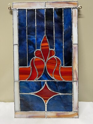 #ad Cobalt Blue amp; Red Marbled Slag Stained Glass Hanging Rectangular Panel 17x10 $165.00