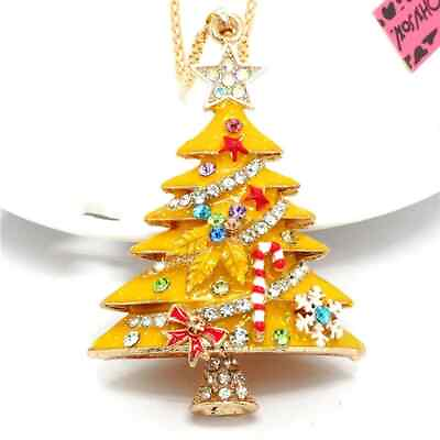 #ad Betsey Johnson Yellow Christmas Tree Crystal Pendant Necklace purple velvet bag $22.00