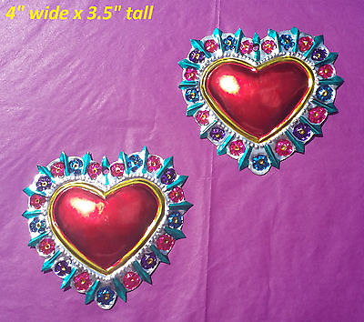 #ad Set of 2 Mexican Wall Art Hand Painted Tin Heart amp; Flowers Milagro Style 4quot;x3.5quot; $18.90