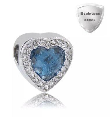#ad Stainless European Charm Bead CZ Radiant Heart Blue fits all Bracelets Jewelry $10.99