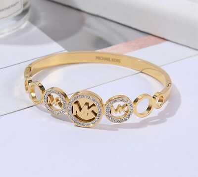 #ad NEW Michael Kors Oval Logo Gold Color Bangle Bracelet 7.5 In MK $44.49