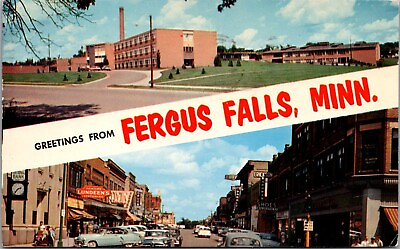 #ad MN Fergus Falls Roosevelt HS Lincoln St Hotel Drugs Signs Cars c50#x27;s Postcard $6.75