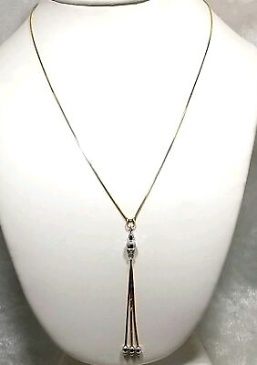 #ad Solid 18k Yellow Gold Drop Lariat 2 Tone 18quot; Box Chain w 2.25quot; Drop Necklace $475.00