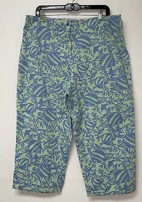 #ad Talbots Cropped Pant Green Blue Tropical Fish Coral Print Size 18 Cotton Spandex $16.99