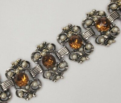 #ad Vintage Panel Bracelet Silver Tone Faux Pearl Citrine Stones Chunky $49.55