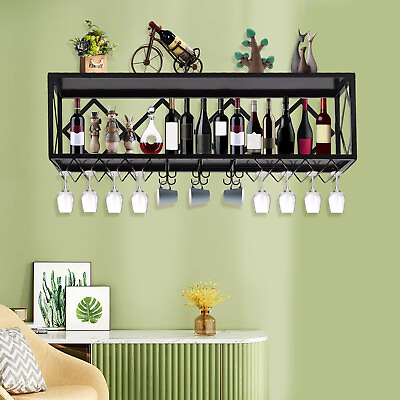 #ad Inverted Wine Glass Rack Bar Unit Floating Shelves Wall Mounted Wine Racks Black $228.00