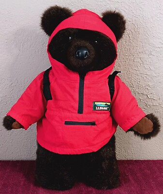 #ad Vintage LL Bean 17quot; Plush Brown Teddy Bear Red Rain Parka Anorak Jacket Backpack $29.99