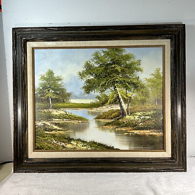 #ad Sherry Jose Oil On Canvas Signed Beautiful Flowing Creek Scene Very NICE $125.00